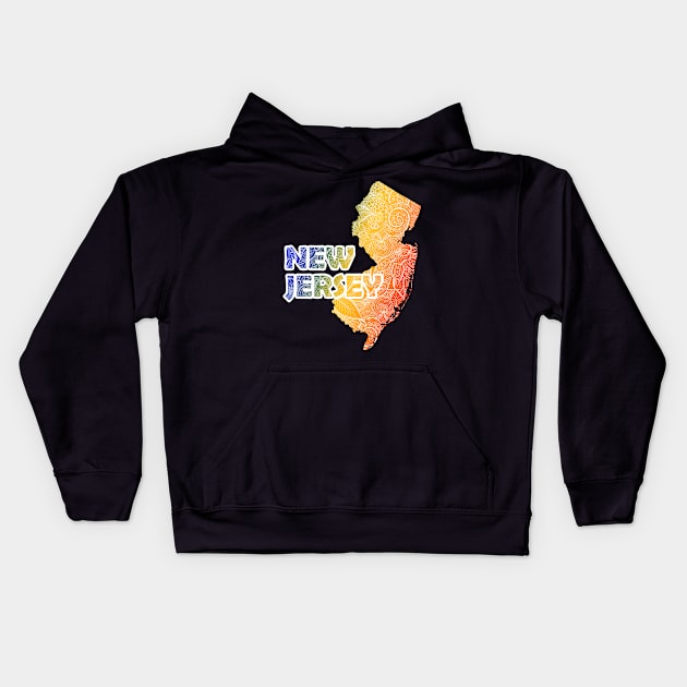 Colorful mandala art map of New Jersey with text in blue, yellow, and red Kids Hoodie by Happy Citizen